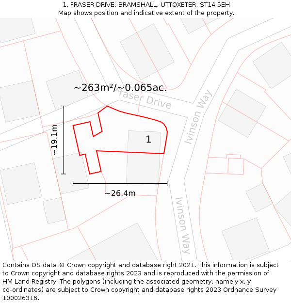 1, FRASER DRIVE, BRAMSHALL, UTTOXETER, ST14 5EH: Plot and title map