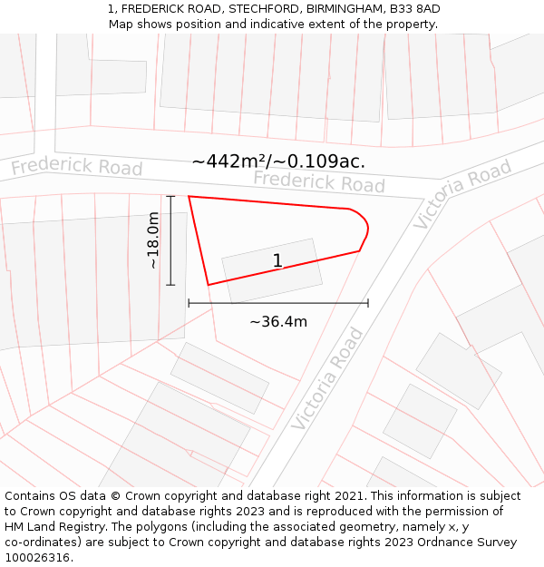 1, FREDERICK ROAD, STECHFORD, BIRMINGHAM, B33 8AD: Plot and title map