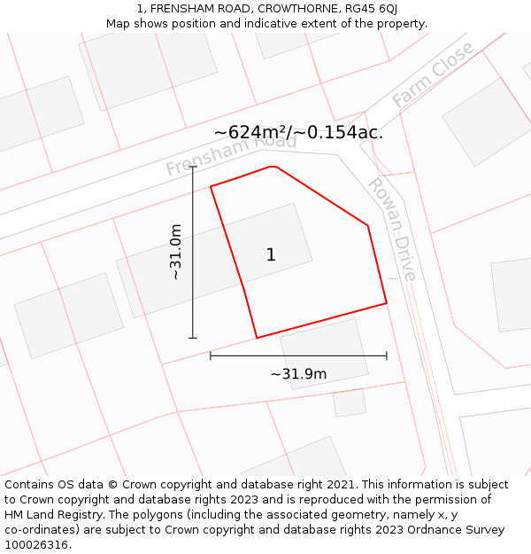 1, FRENSHAM ROAD, CROWTHORNE, RG45 6QJ: Plot and title map