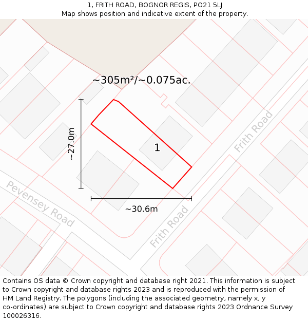 1, FRITH ROAD, BOGNOR REGIS, PO21 5LJ: Plot and title map