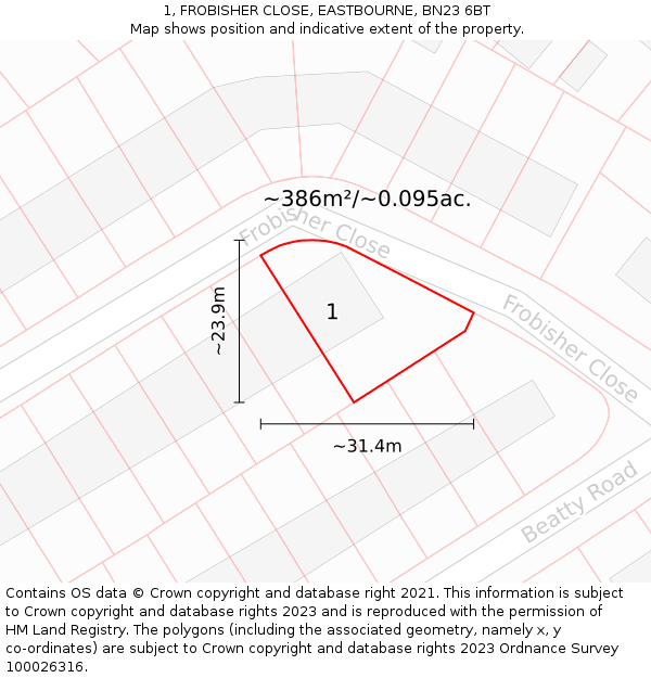 1, FROBISHER CLOSE, EASTBOURNE, BN23 6BT: Plot and title map