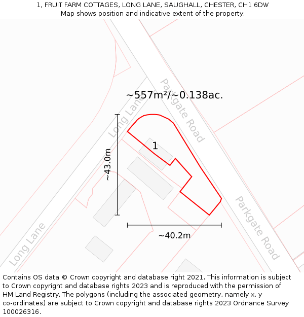 1, FRUIT FARM COTTAGES, LONG LANE, SAUGHALL, CHESTER, CH1 6DW: Plot and title map