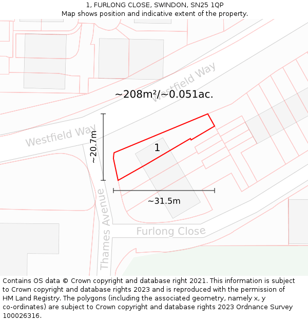 1, FURLONG CLOSE, SWINDON, SN25 1QP: Plot and title map