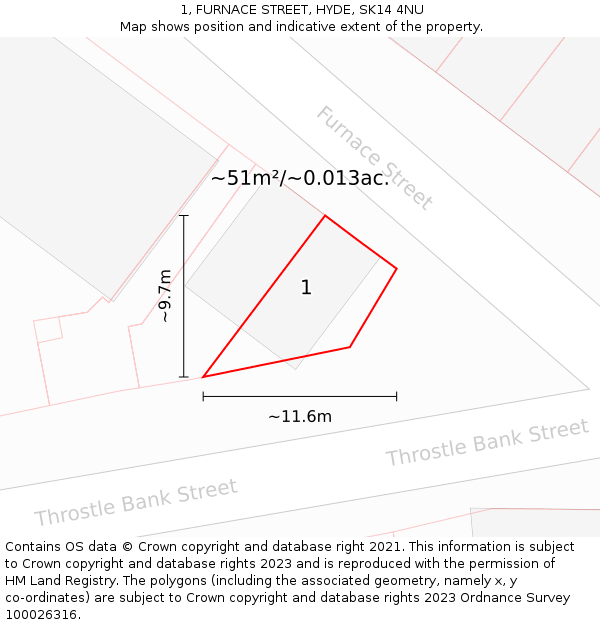 1, FURNACE STREET, HYDE, SK14 4NU: Plot and title map