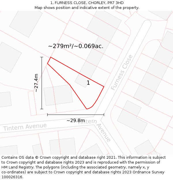1, FURNESS CLOSE, CHORLEY, PR7 3HD: Plot and title map