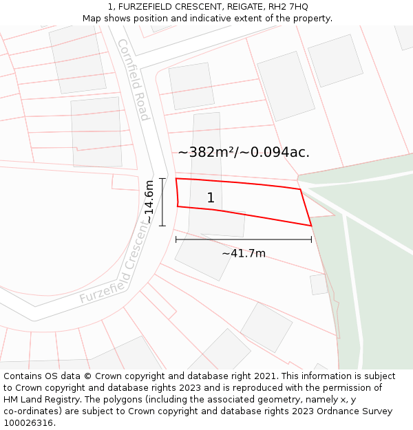 1, FURZEFIELD CRESCENT, REIGATE, RH2 7HQ: Plot and title map