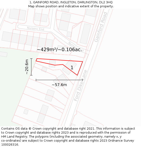 1, GAINFORD ROAD, INGLETON, DARLINGTON, DL2 3HQ: Plot and title map