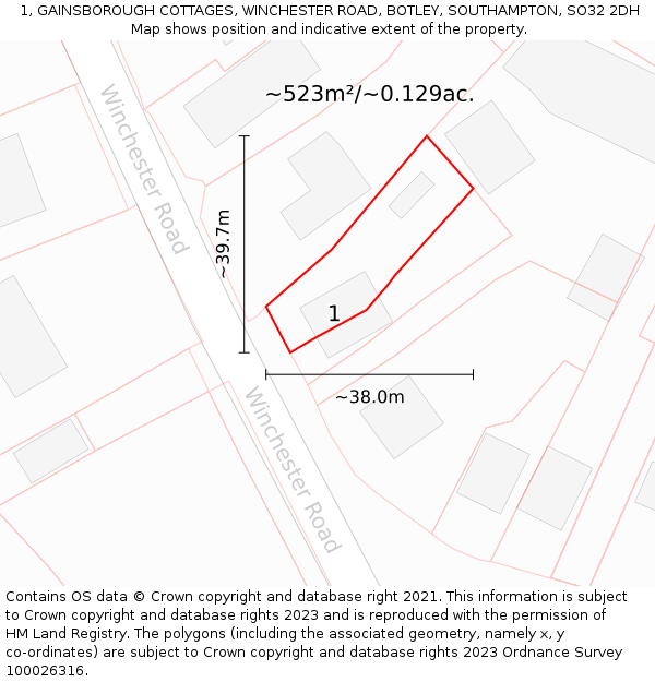 1, GAINSBOROUGH COTTAGES, WINCHESTER ROAD, BOTLEY, SOUTHAMPTON, SO32 2DH: Plot and title map
