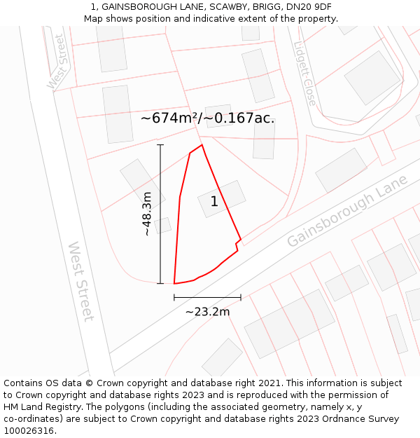 1, GAINSBOROUGH LANE, SCAWBY, BRIGG, DN20 9DF: Plot and title map