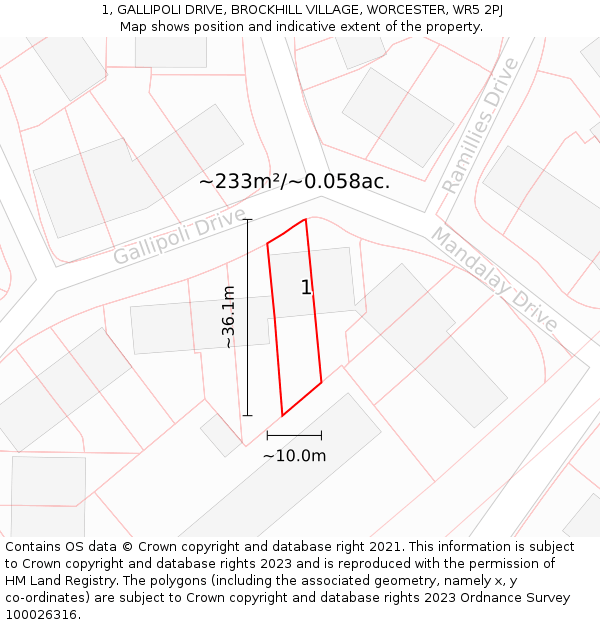 1, GALLIPOLI DRIVE, BROCKHILL VILLAGE, WORCESTER, WR5 2PJ: Plot and title map