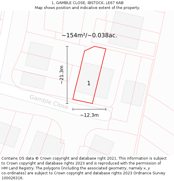 1, GAMBLE CLOSE, IBSTOCK, LE67 6AB: Plot and title map