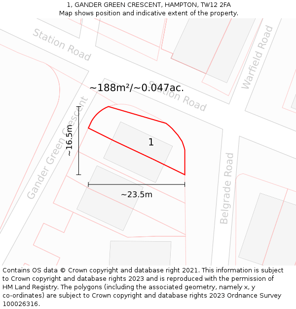1, GANDER GREEN CRESCENT, HAMPTON, TW12 2FA: Plot and title map