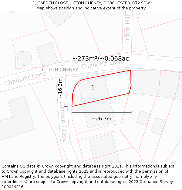 1, GARDEN CLOSE, LITTON CHENEY, DORCHESTER, DT2 9DW: Plot and title map