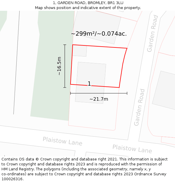 1, GARDEN ROAD, BROMLEY, BR1 3LU: Plot and title map