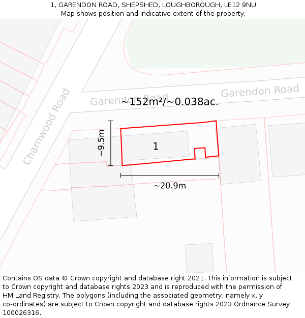1, GARENDON ROAD, SHEPSHED, LOUGHBOROUGH, LE12 9NU: Plot and title map