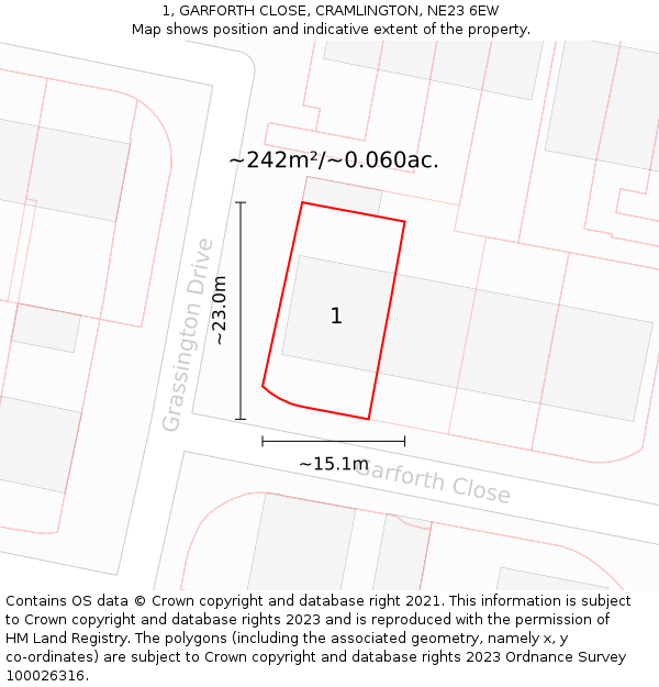1, GARFORTH CLOSE, CRAMLINGTON, NE23 6EW: Plot and title map