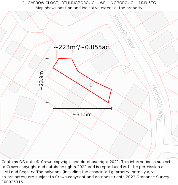 1, GARROW CLOSE, IRTHLINGBOROUGH, WELLINGBOROUGH, NN9 5EG: Plot and title map