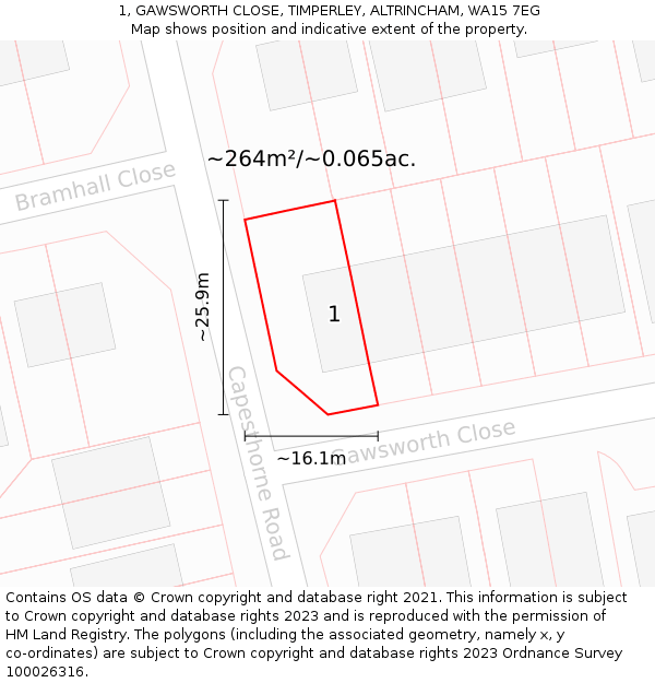 1, GAWSWORTH CLOSE, TIMPERLEY, ALTRINCHAM, WA15 7EG: Plot and title map