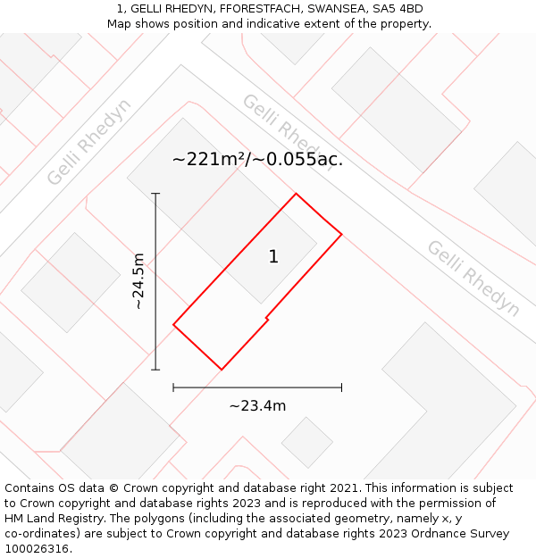 1, GELLI RHEDYN, FFORESTFACH, SWANSEA, SA5 4BD: Plot and title map