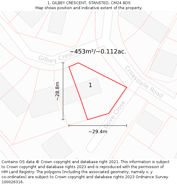 1, GILBEY CRESCENT, STANSTED, CM24 8DS: Plot and title map