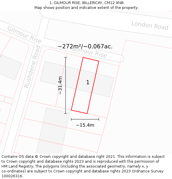 1, GILMOUR RISE, BILLERICAY, CM12 9NB: Plot and title map