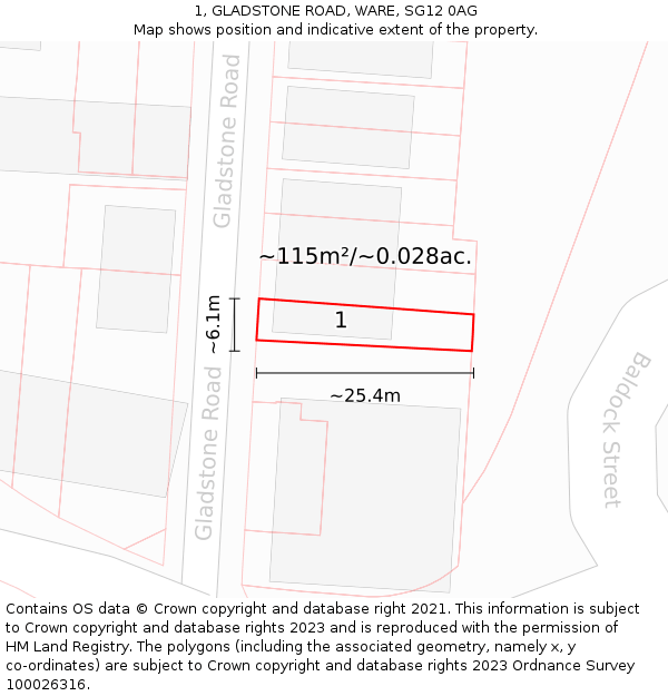 1, GLADSTONE ROAD, WARE, SG12 0AG: Plot and title map