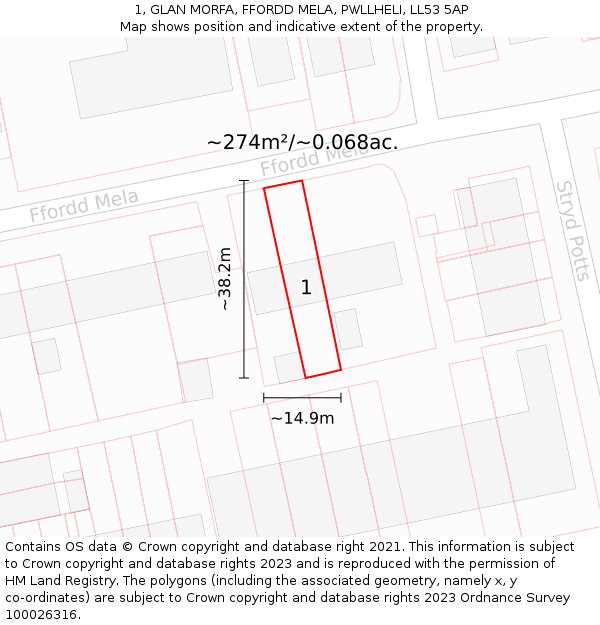 1, GLAN MORFA, FFORDD MELA, PWLLHELI, LL53 5AP: Plot and title map