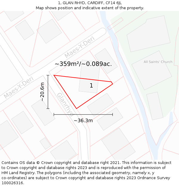 1, GLAN RHYD, CARDIFF, CF14 6JL: Plot and title map