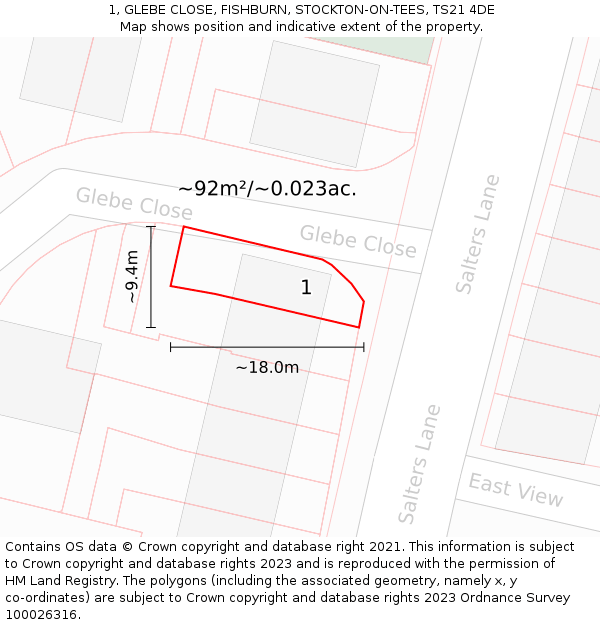 1, GLEBE CLOSE, FISHBURN, STOCKTON-ON-TEES, TS21 4DE: Plot and title map