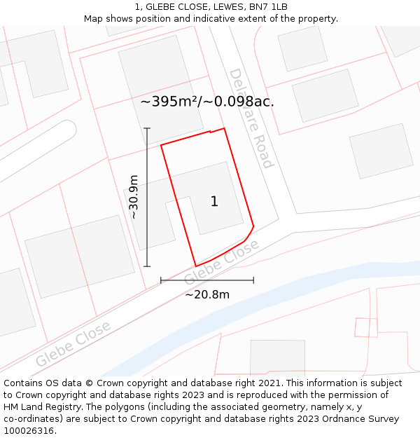 1, GLEBE CLOSE, LEWES, BN7 1LB: Plot and title map