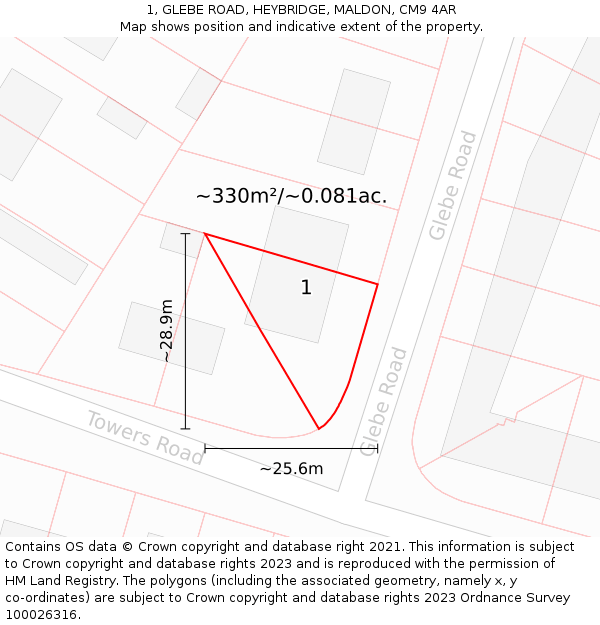 1, GLEBE ROAD, HEYBRIDGE, MALDON, CM9 4AR: Plot and title map