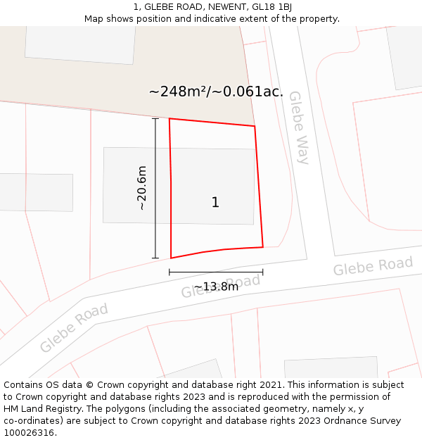 1, GLEBE ROAD, NEWENT, GL18 1BJ: Plot and title map
