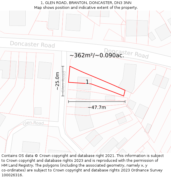 1, GLEN ROAD, BRANTON, DONCASTER, DN3 3NN: Plot and title map