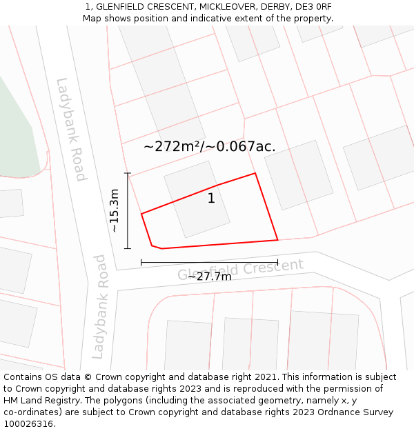 1, GLENFIELD CRESCENT, MICKLEOVER, DERBY, DE3 0RF: Plot and title map