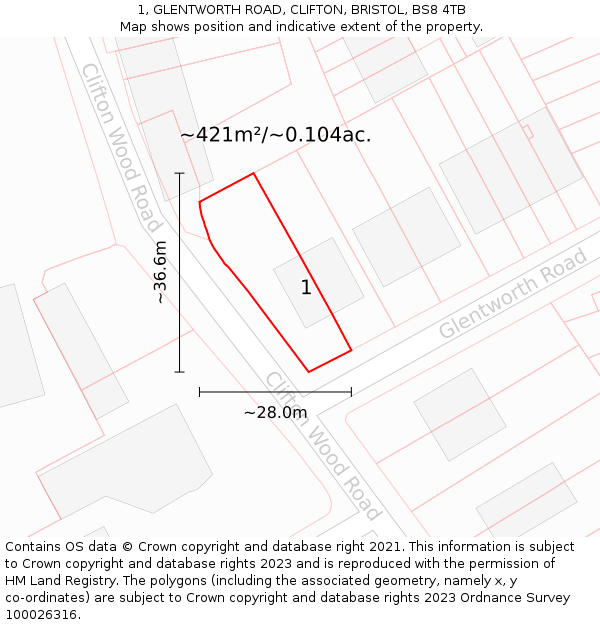 1, GLENTWORTH ROAD, CLIFTON, BRISTOL, BS8 4TB: Plot and title map