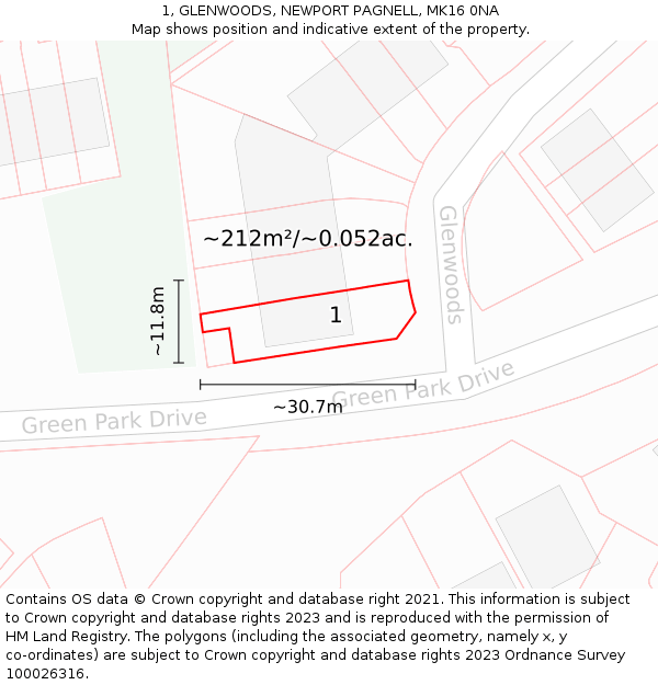 1, GLENWOODS, NEWPORT PAGNELL, MK16 0NA: Plot and title map