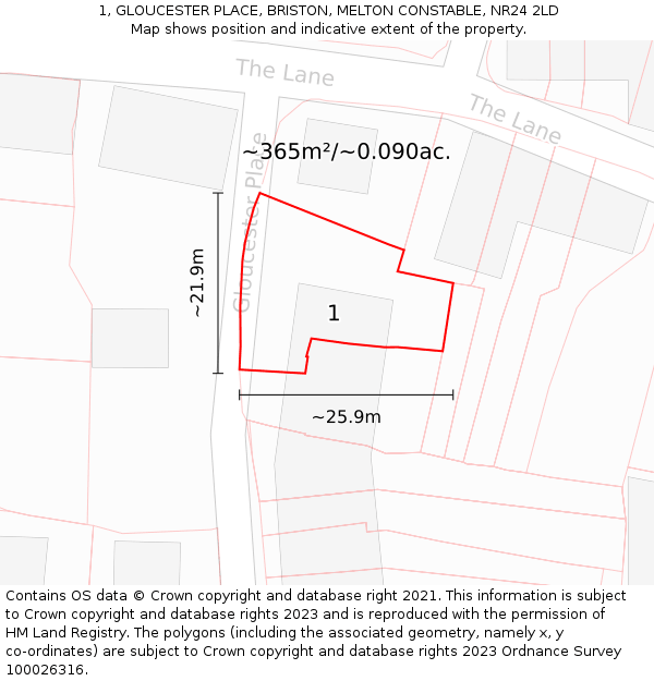 1, GLOUCESTER PLACE, BRISTON, MELTON CONSTABLE, NR24 2LD: Plot and title map
