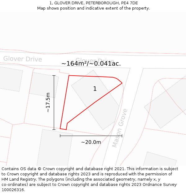 1, GLOVER DRIVE, PETERBOROUGH, PE4 7DE: Plot and title map