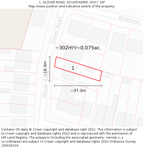 1, GLOVER ROAD, SCUNTHORPE, DN17 1AT: Plot and title map