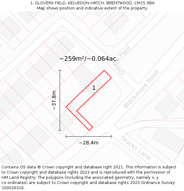 1, GLOVERS FIELD, KELVEDON HATCH, BRENTWOOD, CM15 0BA: Plot and title map