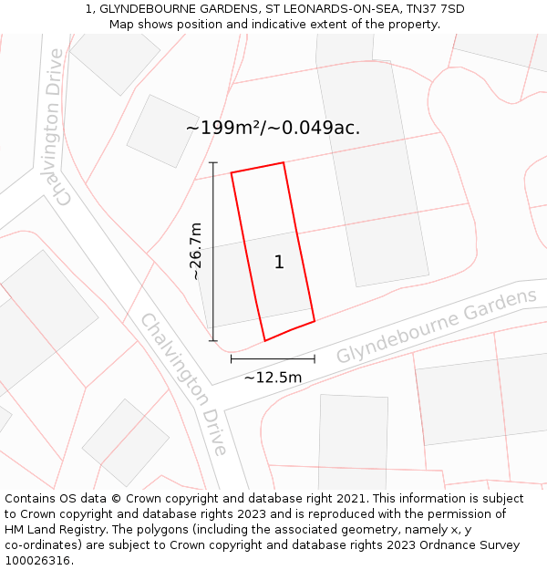 1, GLYNDEBOURNE GARDENS, ST LEONARDS-ON-SEA, TN37 7SD: Plot and title map