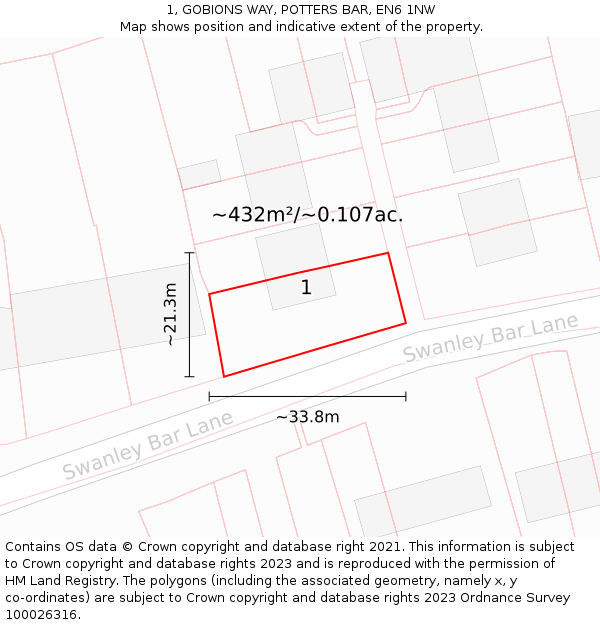 1, GOBIONS WAY, POTTERS BAR, EN6 1NW: Plot and title map