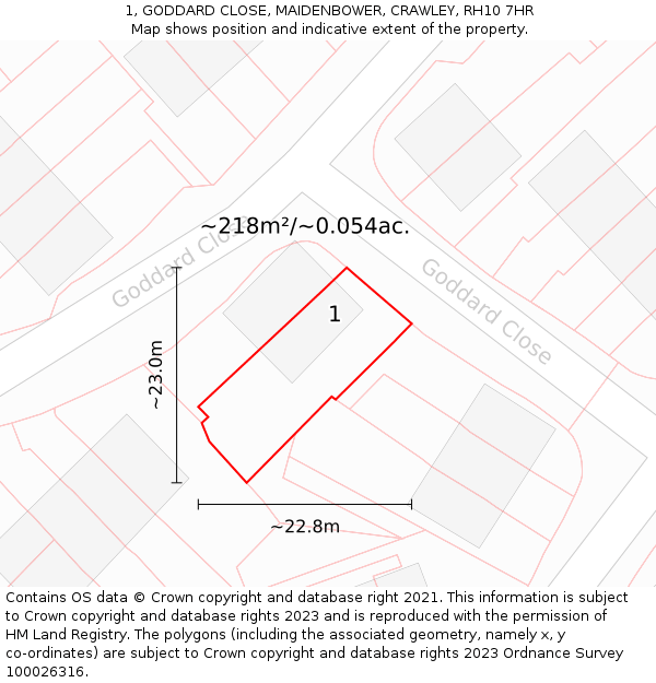 1, GODDARD CLOSE, MAIDENBOWER, CRAWLEY, RH10 7HR: Plot and title map