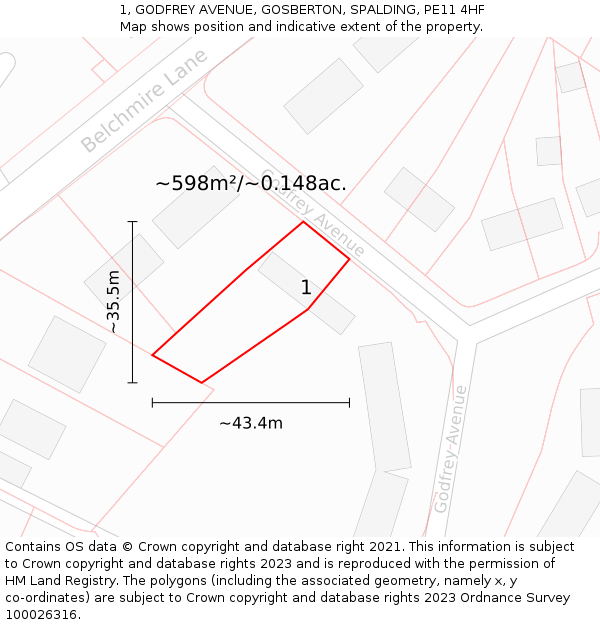 1, GODFREY AVENUE, GOSBERTON, SPALDING, PE11 4HF: Plot and title map