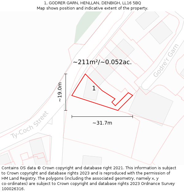 1, GODRER GARN, HENLLAN, DENBIGH, LL16 5BQ: Plot and title map
