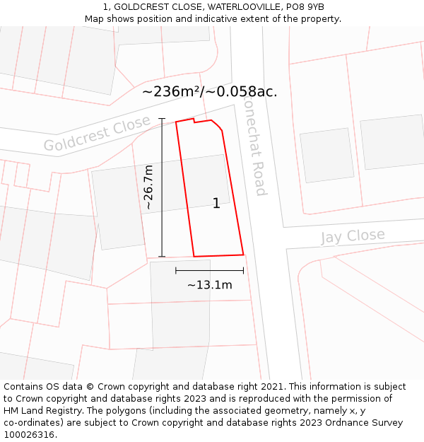 1, GOLDCREST CLOSE, WATERLOOVILLE, PO8 9YB: Plot and title map