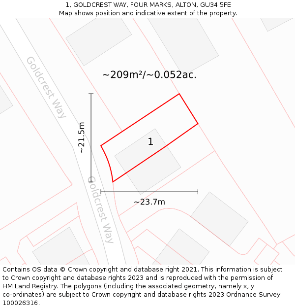 1, GOLDCREST WAY, FOUR MARKS, ALTON, GU34 5FE: Plot and title map