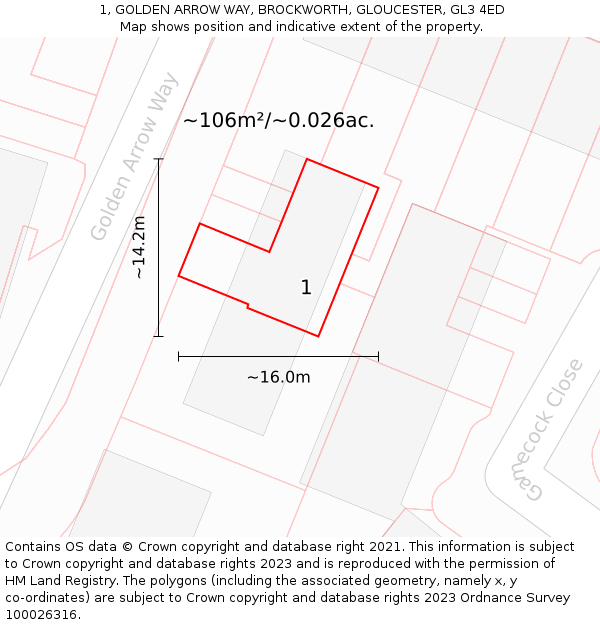 1, GOLDEN ARROW WAY, BROCKWORTH, GLOUCESTER, GL3 4ED: Plot and title map