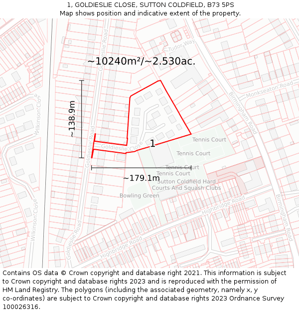 1, GOLDIESLIE CLOSE, SUTTON COLDFIELD, B73 5PS: Plot and title map