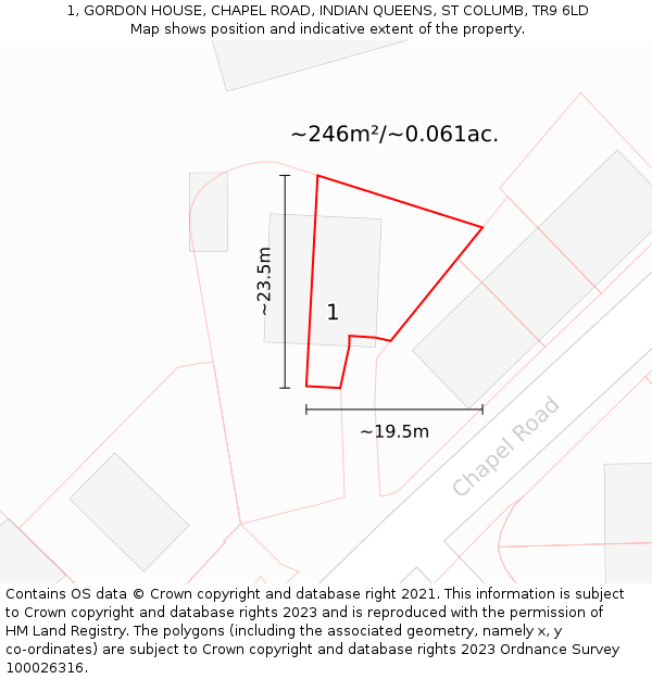 1, GORDON HOUSE, CHAPEL ROAD, INDIAN QUEENS, ST COLUMB, TR9 6LD: Plot and title map